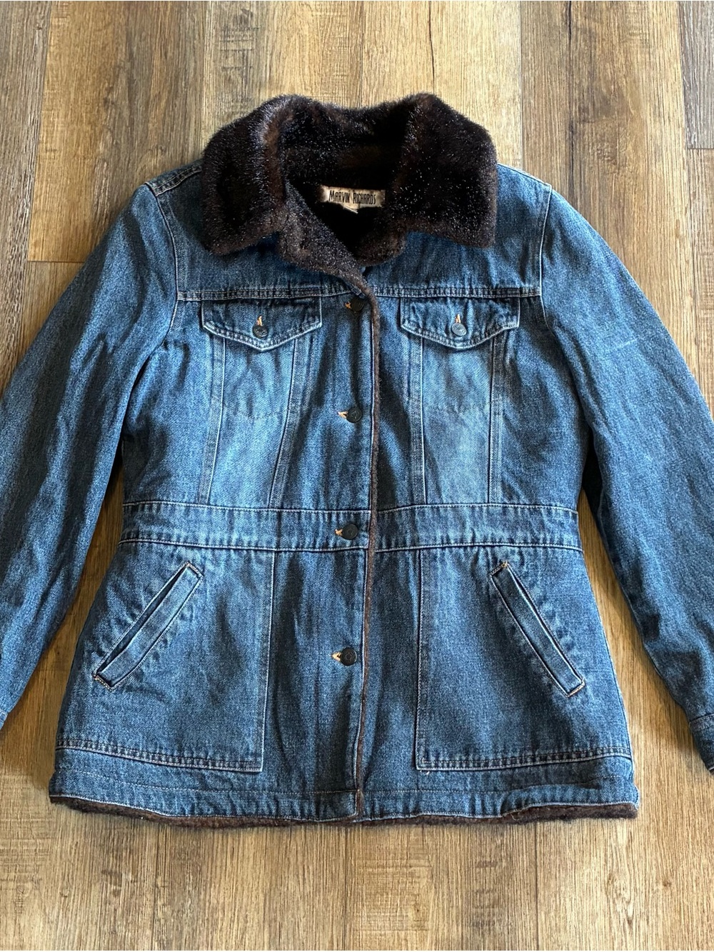Marvin Richards Blue Denim Jacket with Dark Faux Fur Collar Lined Large VTG Y2K